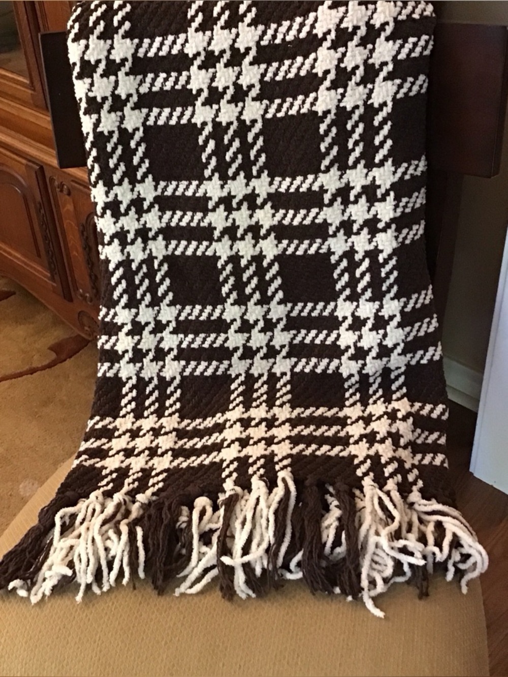 At Home Cozy Brown and Cream Fringed Throw
